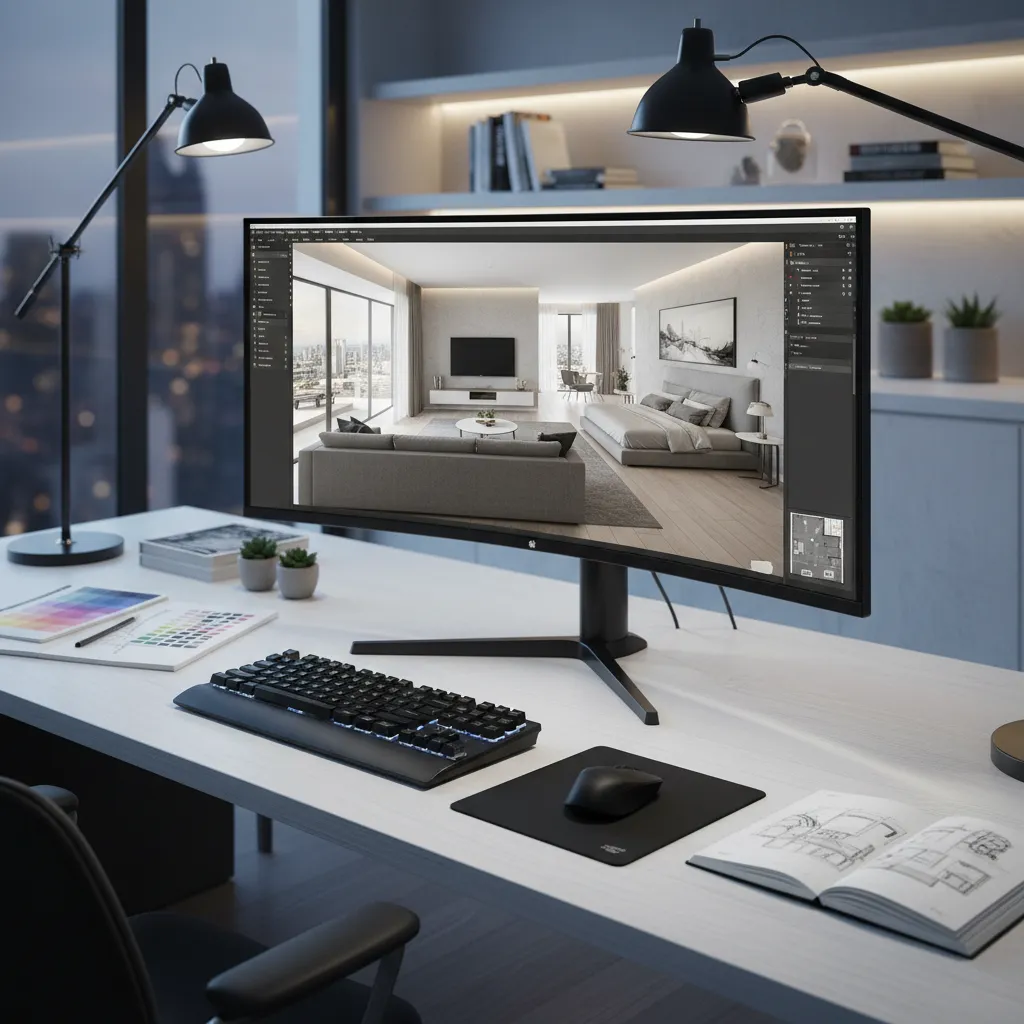 Coohom software showing interior design drawing on computer monitor with black keyboard and open sketchbook