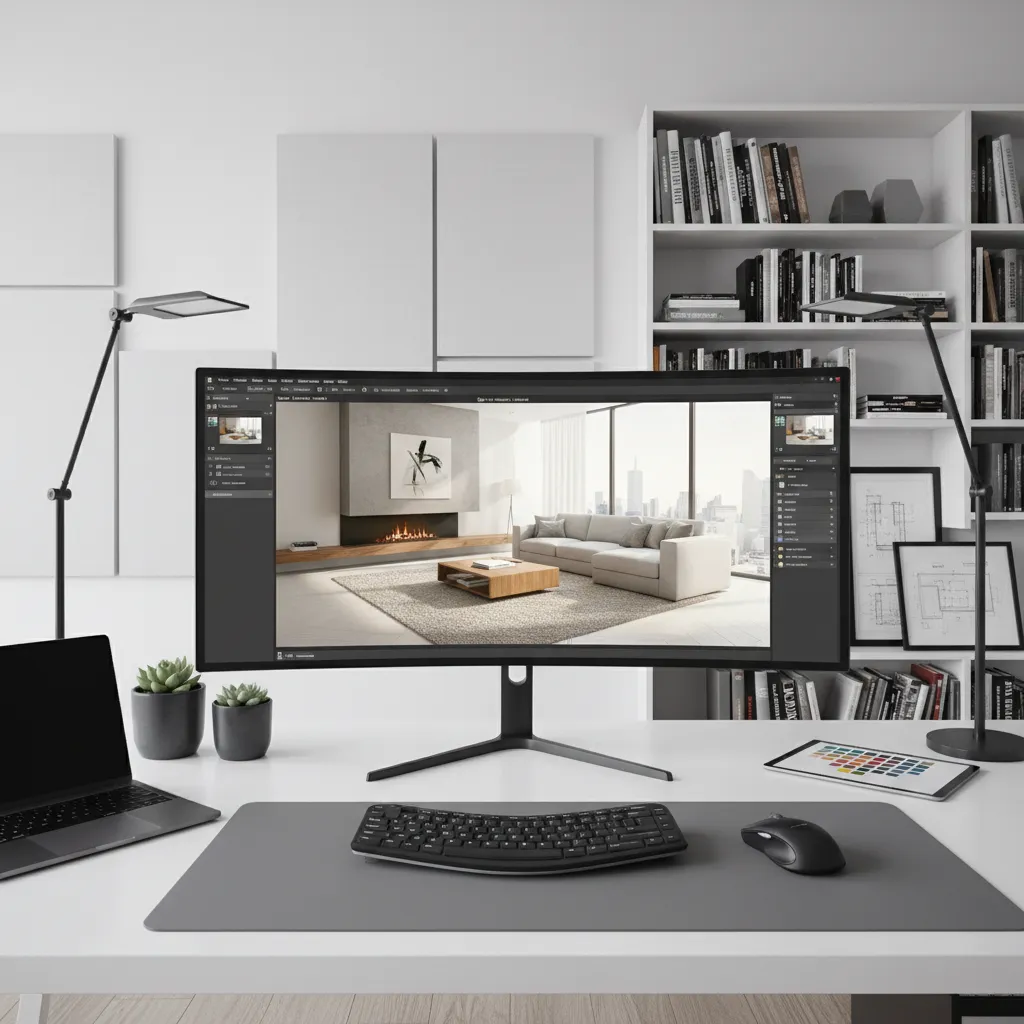 Pantalla de ordenador mostrando un modelo 3D de diseño de interiores