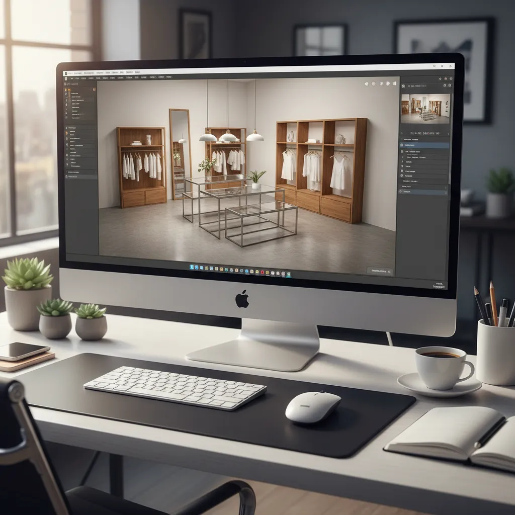 Pantalla de ordenador mostrando software de diseño de interiores para tiendas