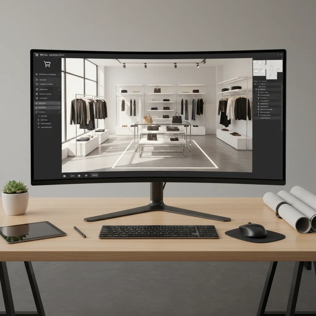 Pantalla de software mostrando el diseño 3D de una tienda moderna