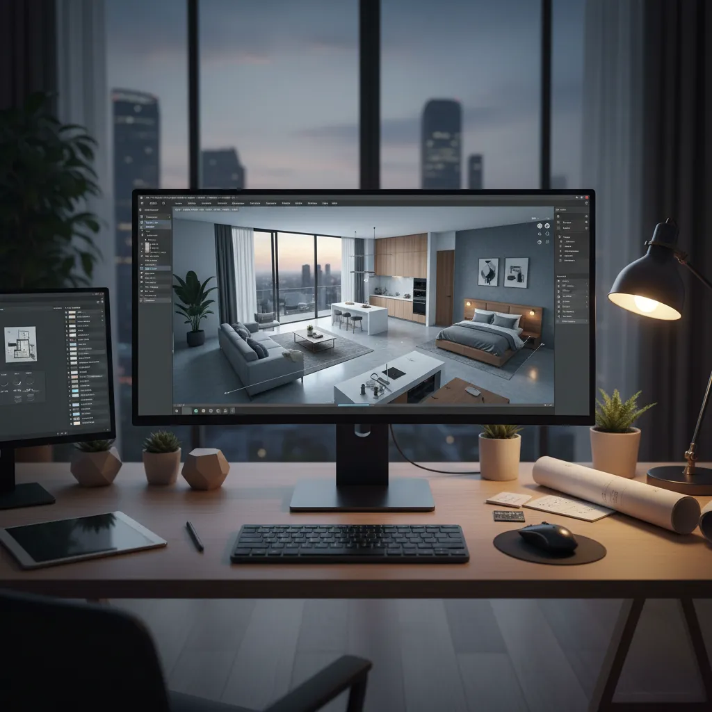 Computer monitor displaying 3D interior design software with a modern open plan room layout drawing