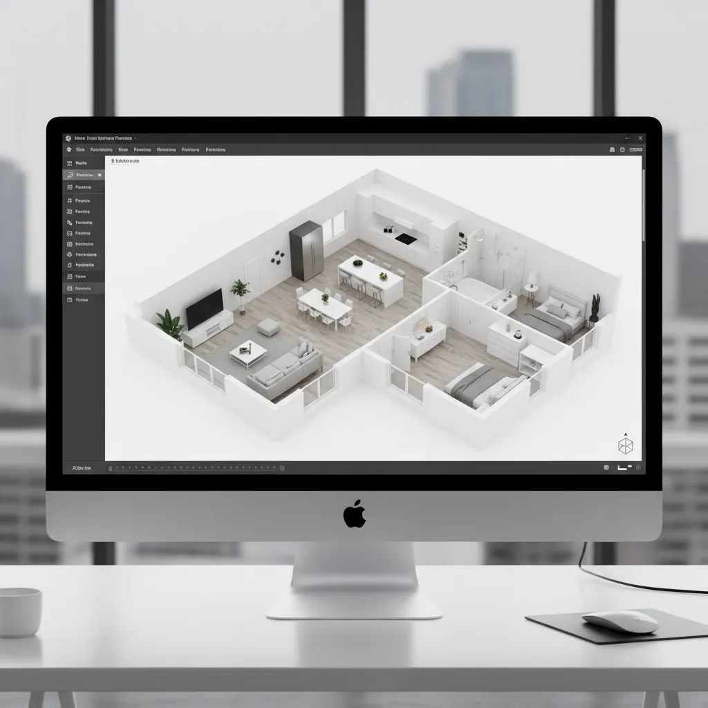 Computer monitor showing a three dimensional interior design drawing of a modern white apartment layout