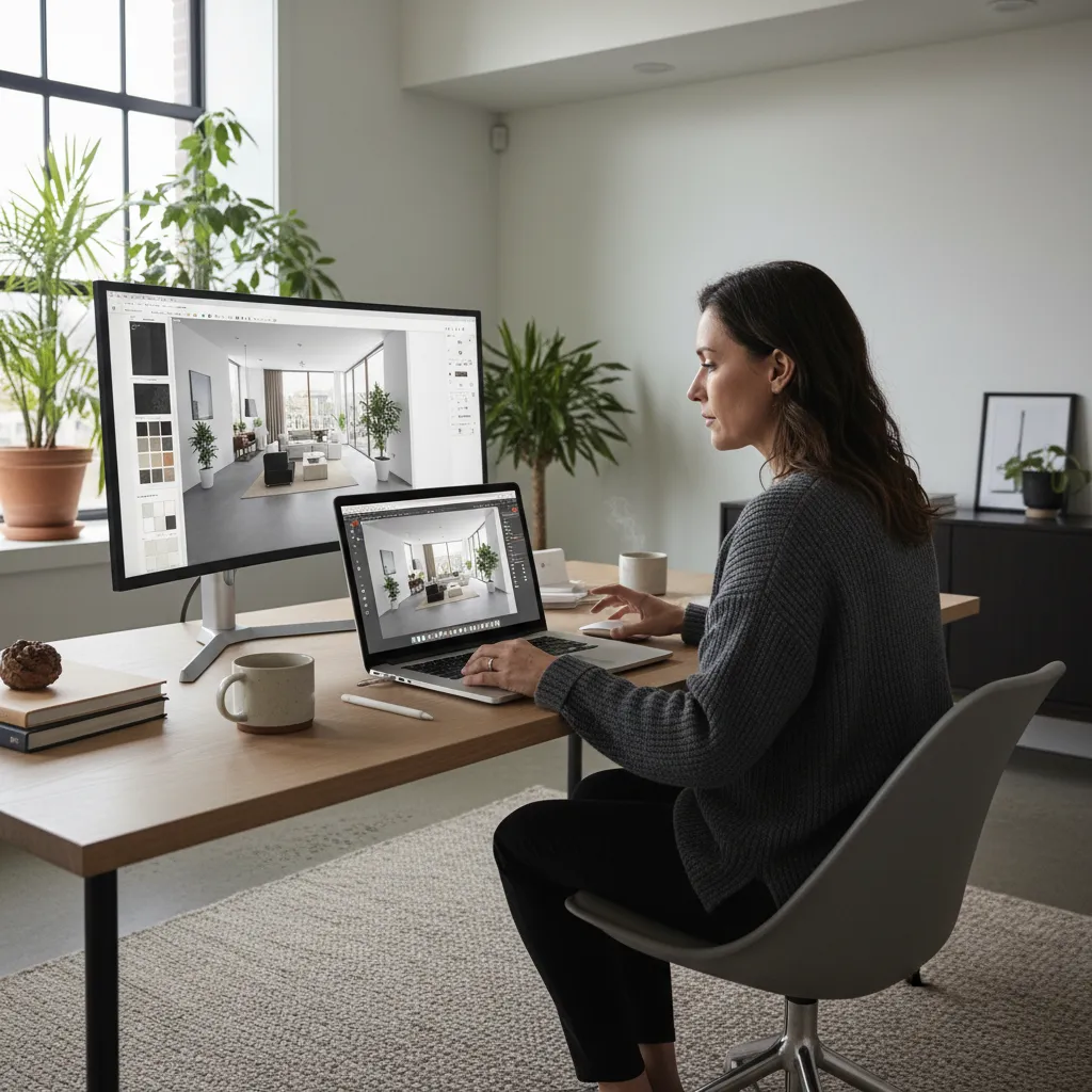 Woman sitting at a desk using a laptop and monitor for modern interior room design work