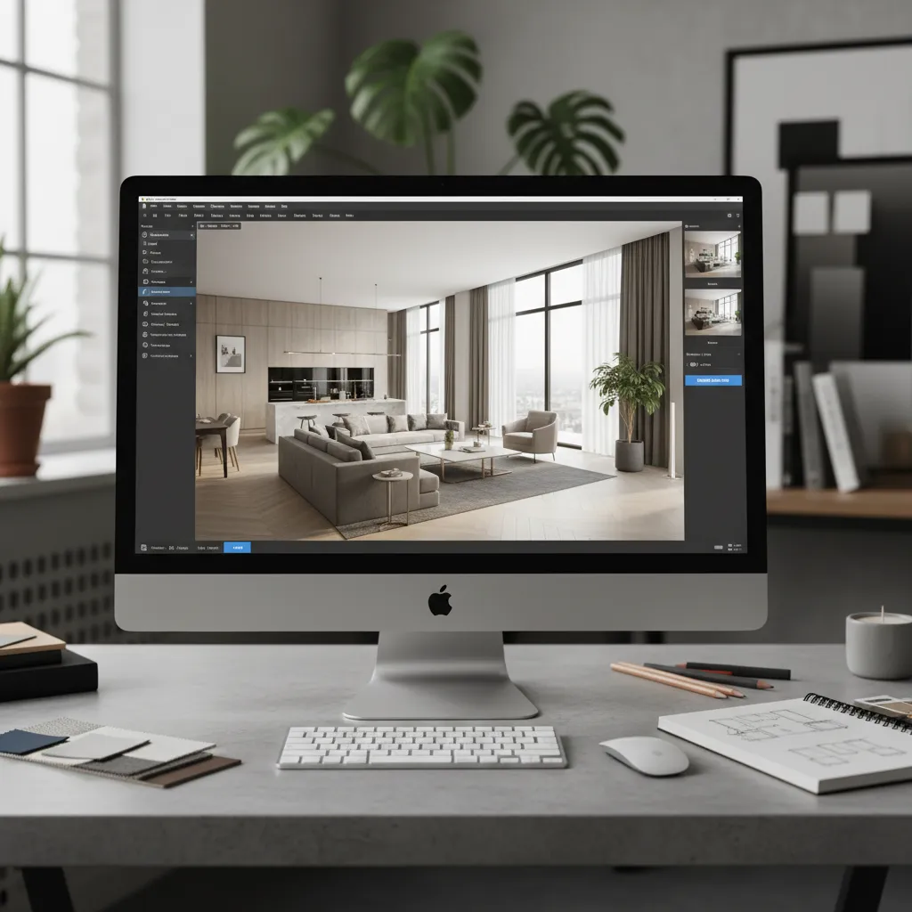 Pantalla mostrando un plano de vivienda en 3D durante un proyecto de interiorismo