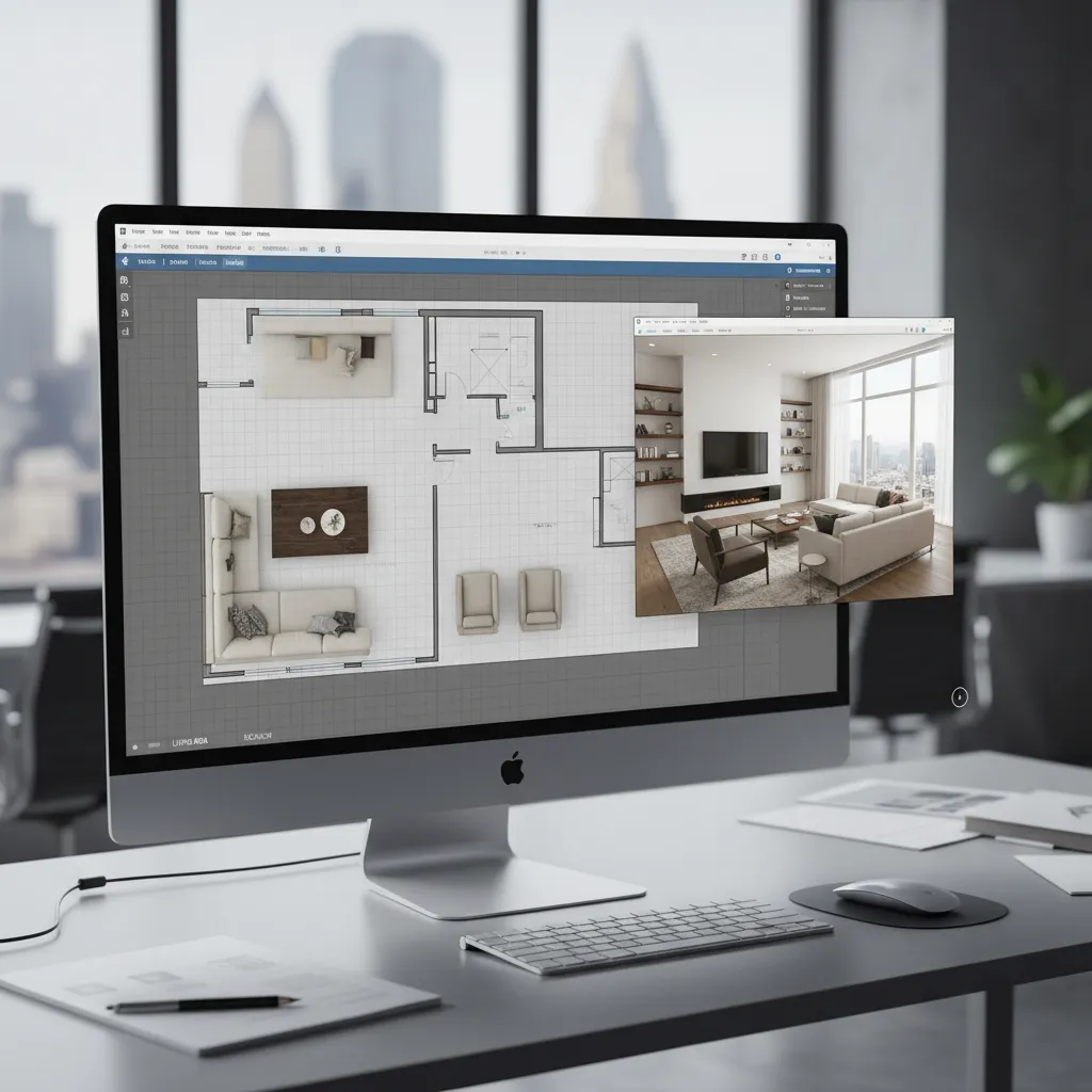 Interfaz de programa de planificación de habitaciones con plano 2D y vista 3D