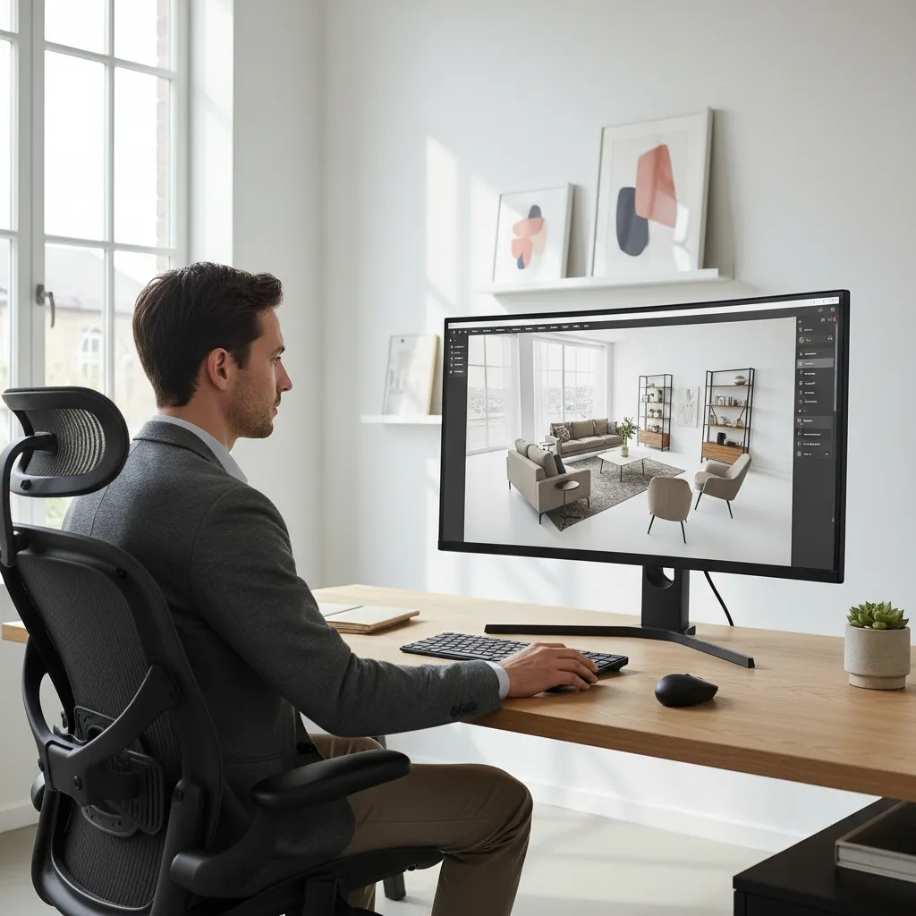 Persona utilizando un planificador digital para diseñar una habitación