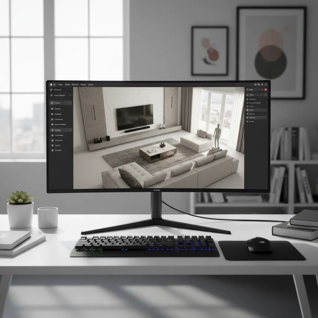 Pantalla de ordenador mostrando software de planificación de habitaciones en 3D