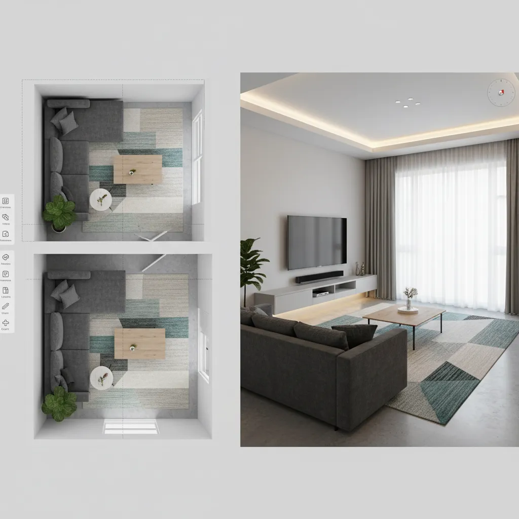 Plano digital de una sala con muebles colocados en diseño 3D
