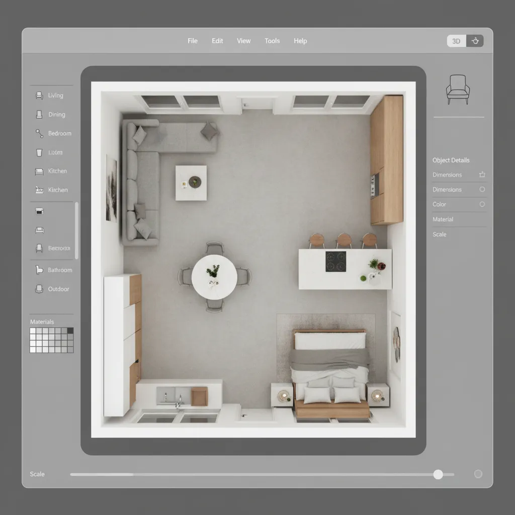 Interfaz de planificación de una habitación en 3D con muebles