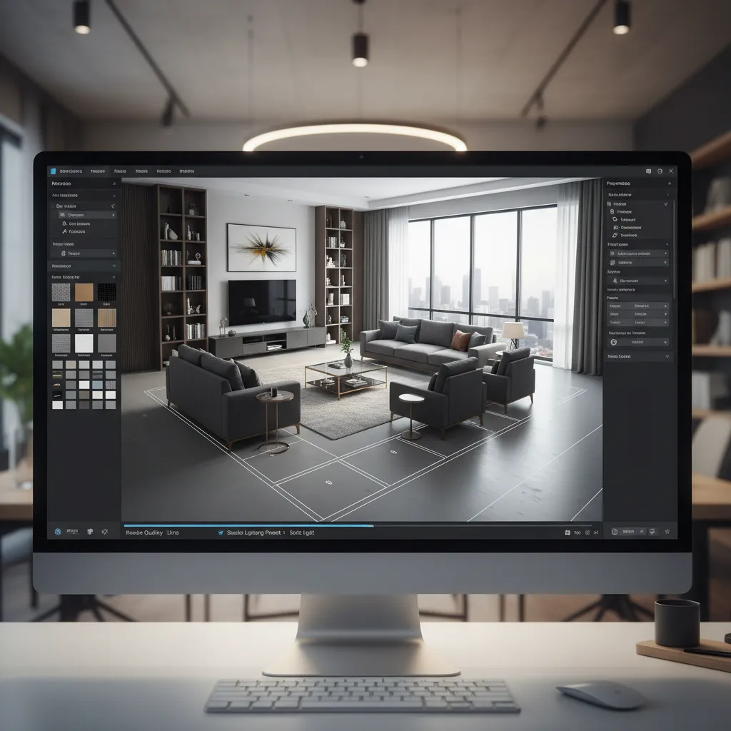 Pantalla de software mostrando plano de habitación con muebles en 3D