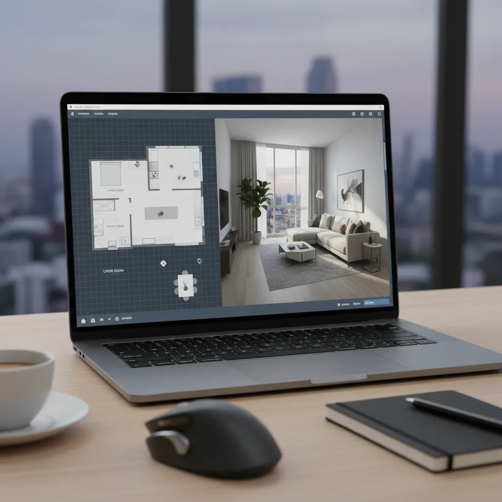 Pantalla de ordenador mostrando un planificador de interiores con plano y vista 3D