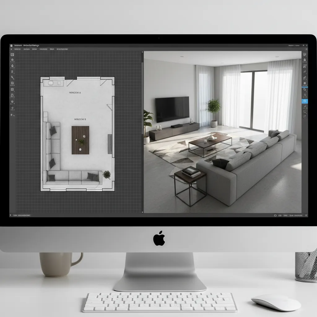 Interfaz de software mostrando plano 2D y visualización 3D de un salón