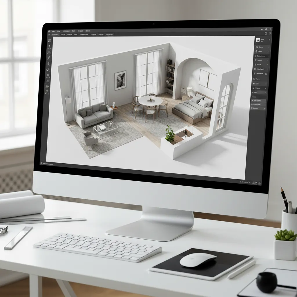 Pantalla de software mostrando plano 3D de una vivienda
