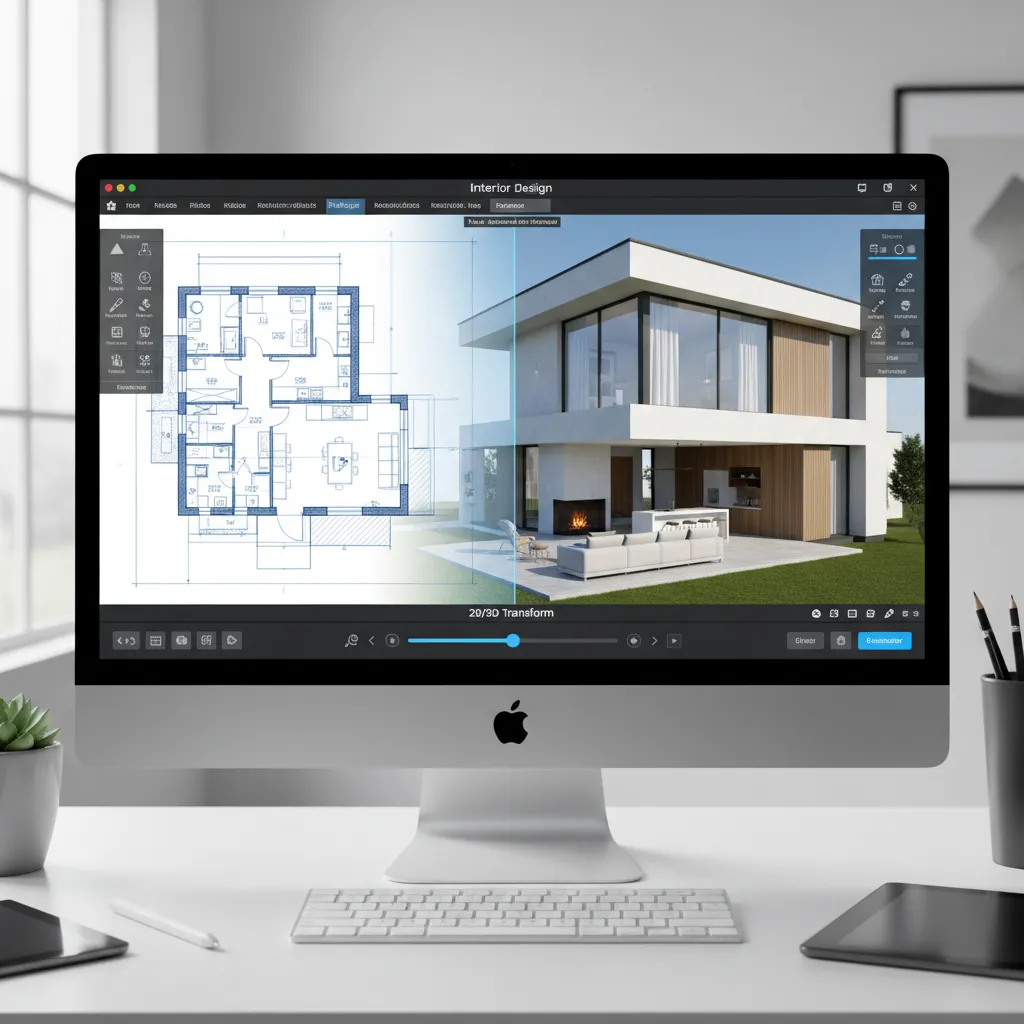 Software de diseño mostrando plano de casa convertido en modelo 3D