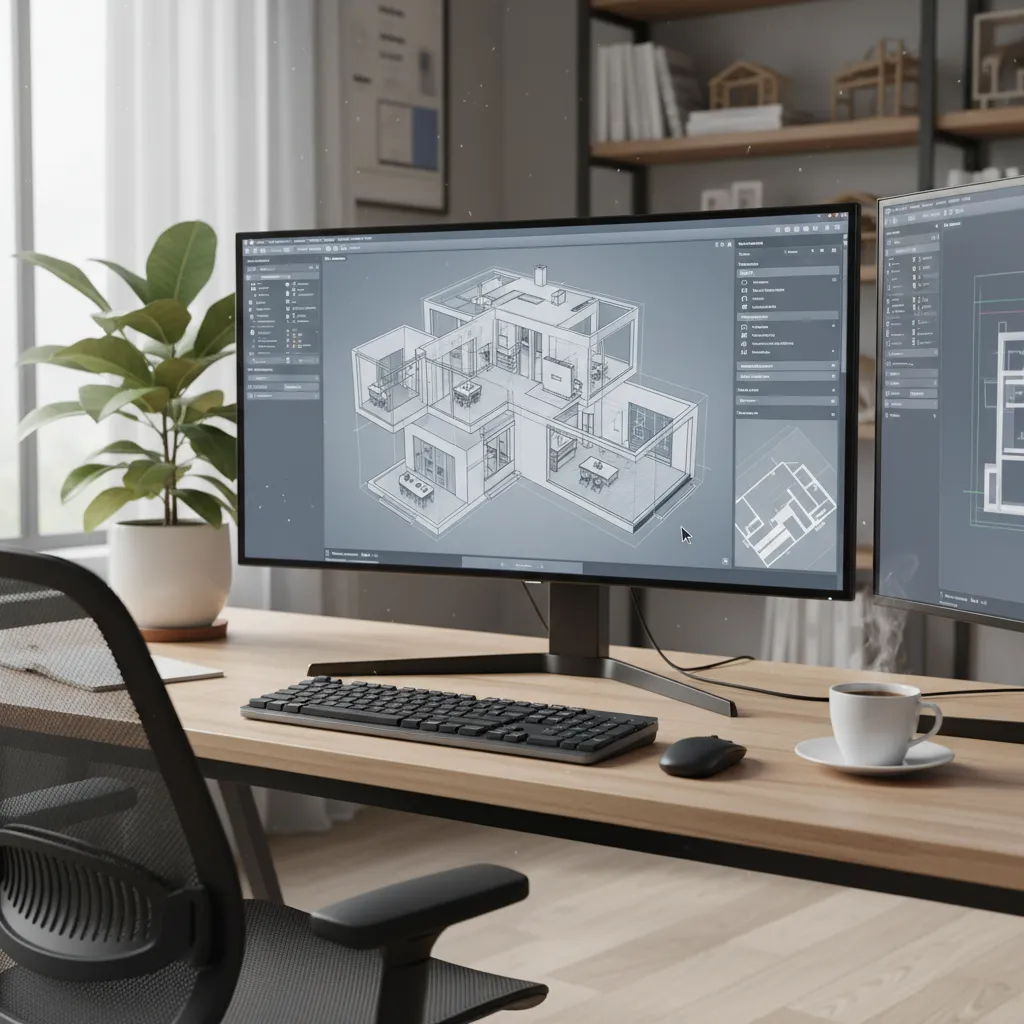 Interfaz de software mostrando un plano de casa en 3D