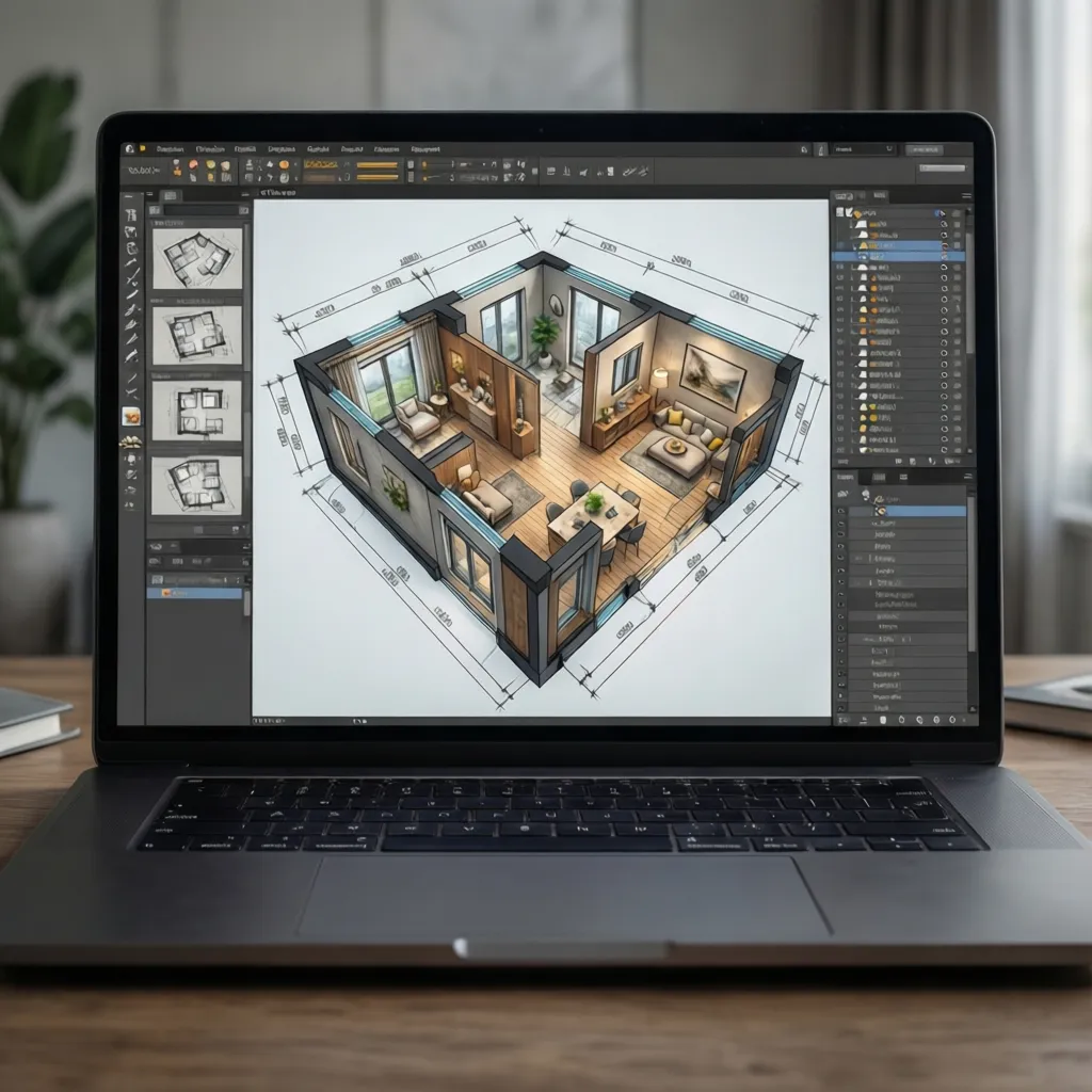 Plano digital de una casa en vista 2D dentro de un programa de diseño