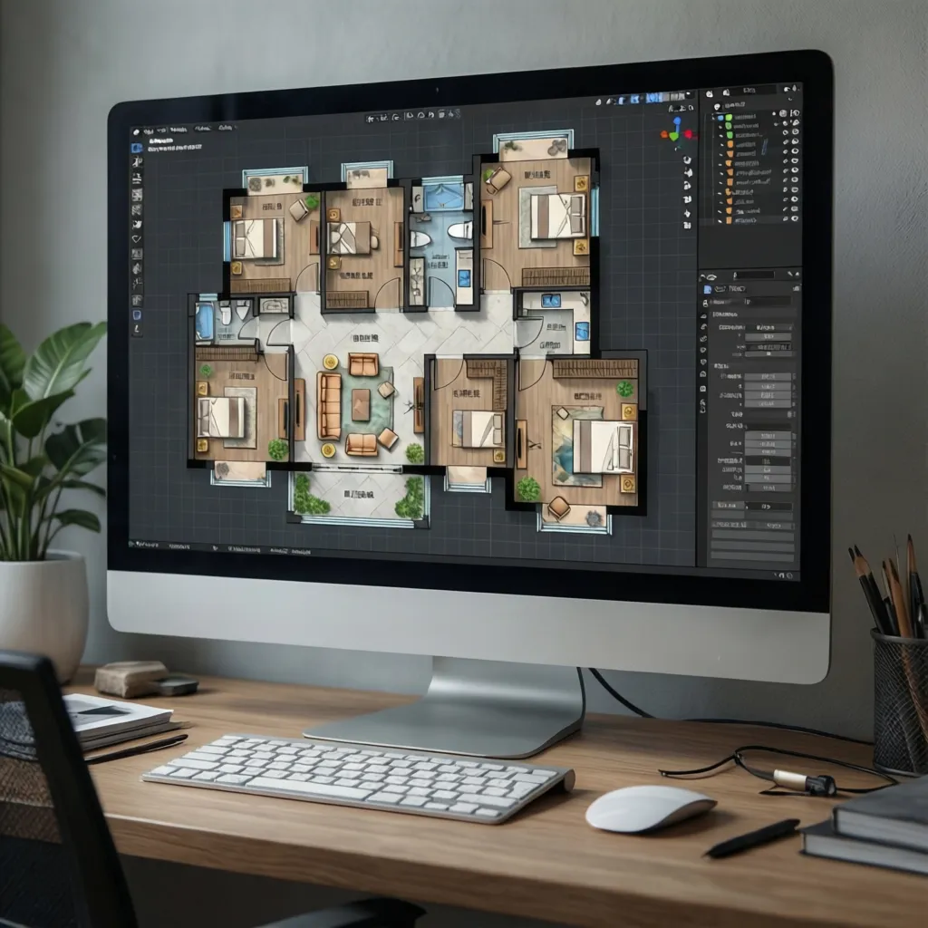 Computer monitor on wooden desk showing a colorful interior design drawing of a house layout
