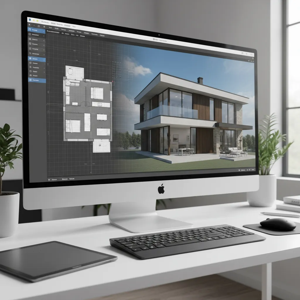 Plano digital de una casa transformándose en modelo 3D