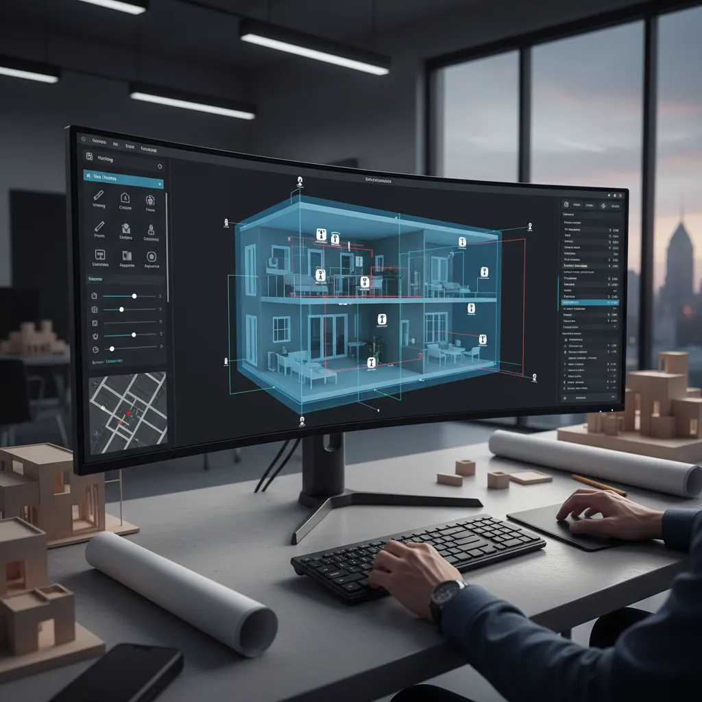 Software de diseño mostrando plano de casa con instalación eléctrica