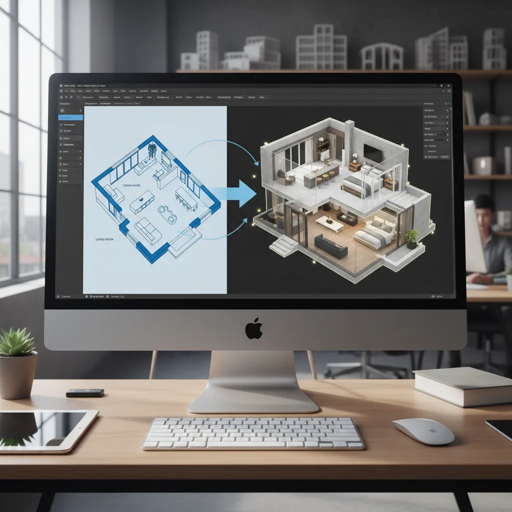 interfaz de software mostrando plano de casa en 2D y modelo 3D