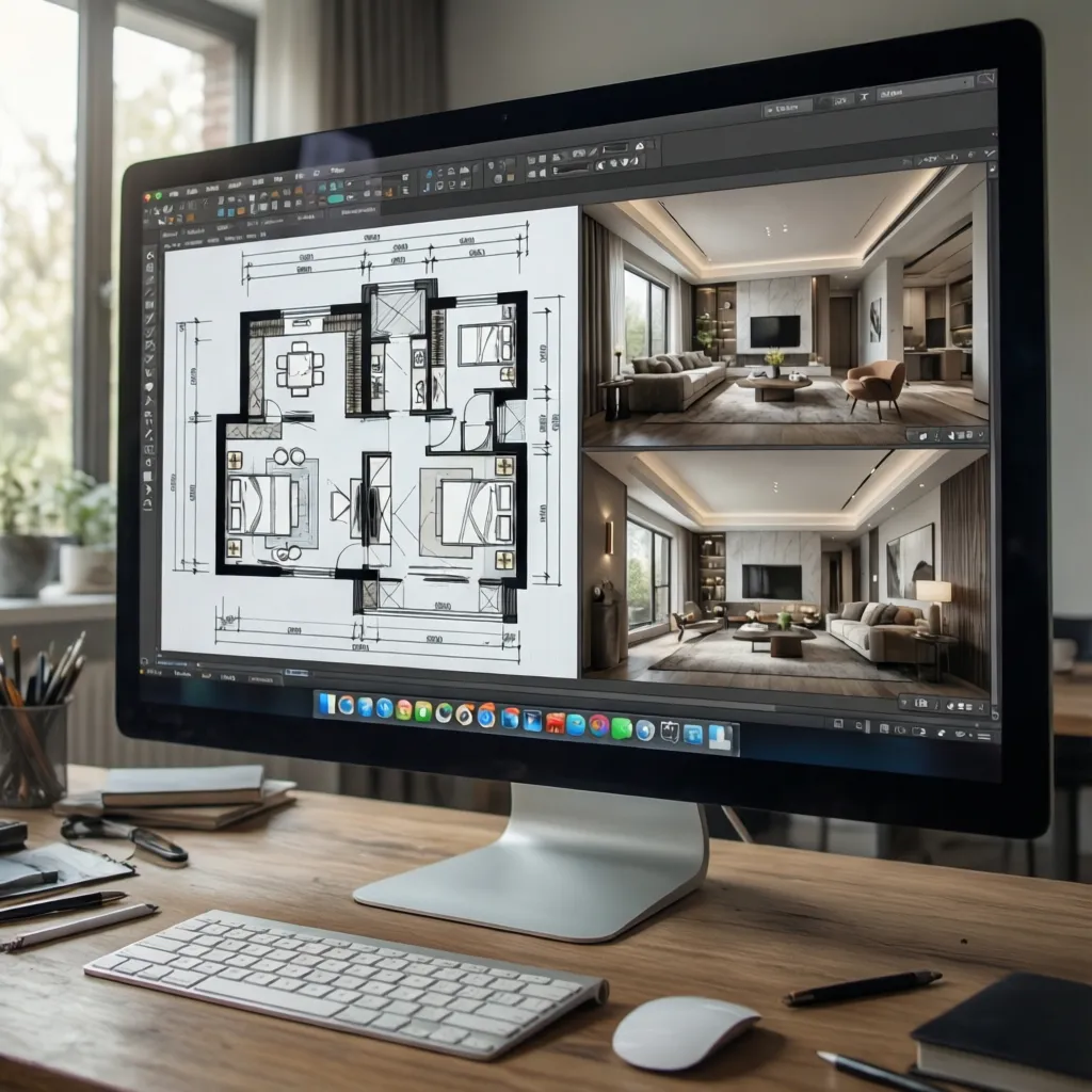 Plano digital de una casa en software de diseño con visualización 3D