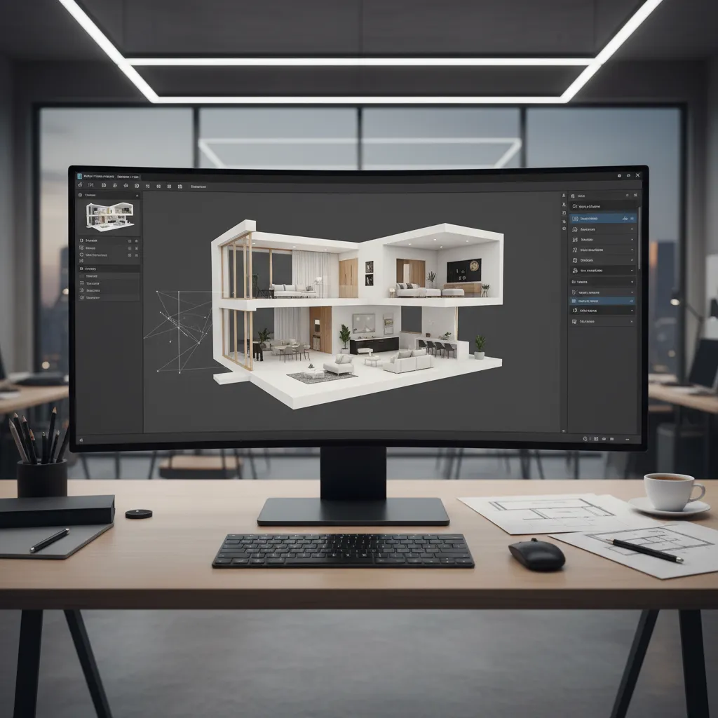 Pantalla de software de diseño mostrando plano de casa en 3D