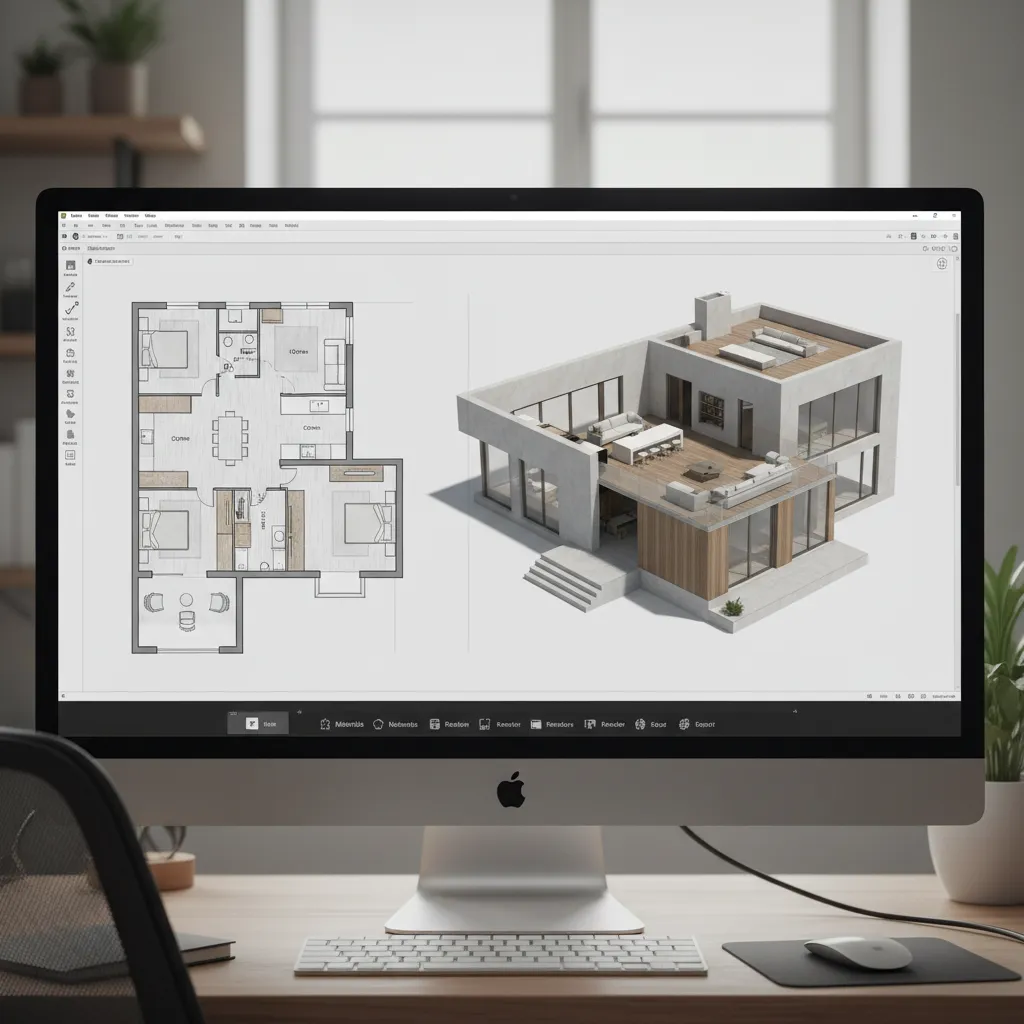 Interfaz de software mostrando plano 2D y vista 3D de una vivienda