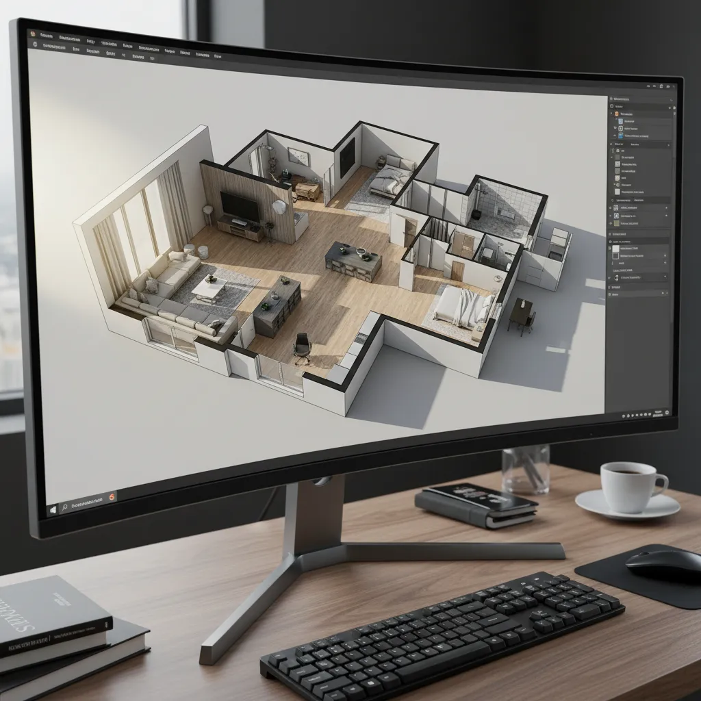 Pantalla de ordenador mostrando plano de casa en 3D con habitaciones y muebles