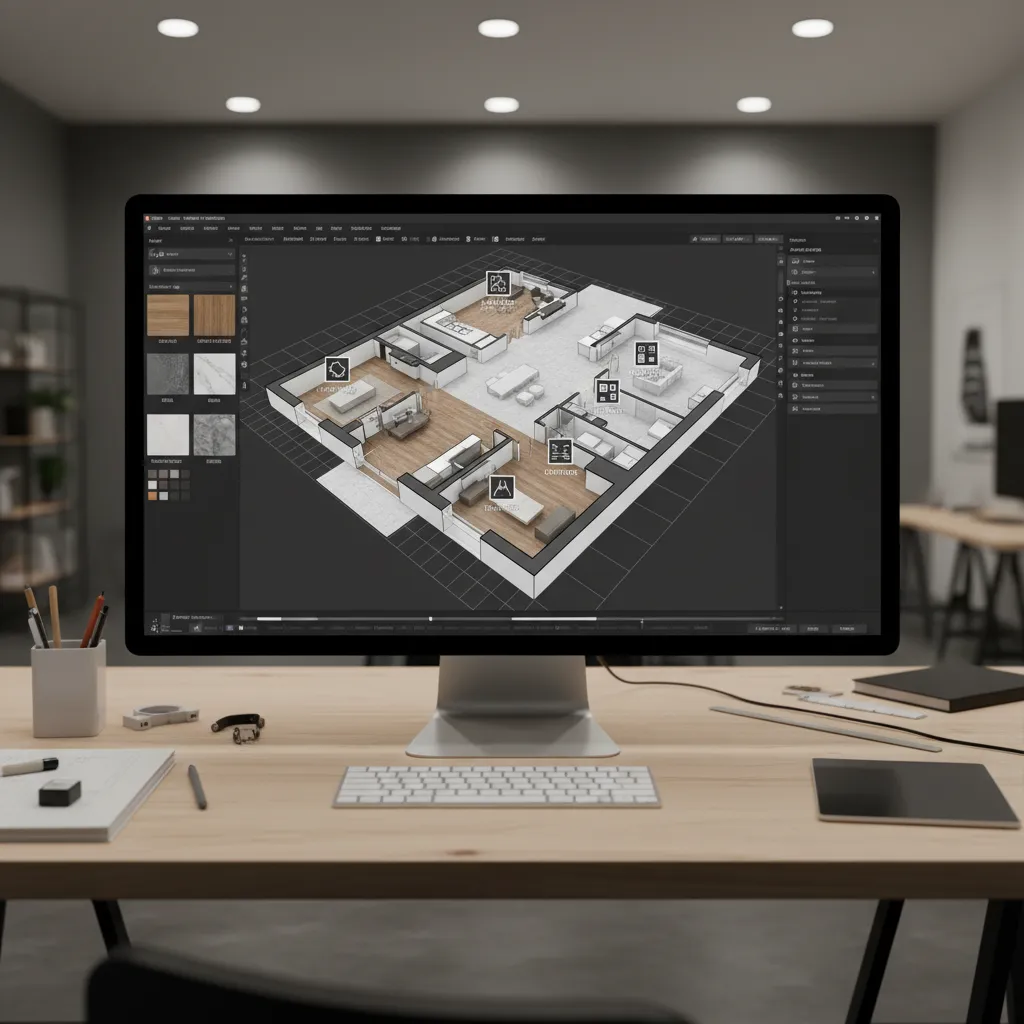 Plano digital de una casa en vista 3D dentro de una aplicación de diseño