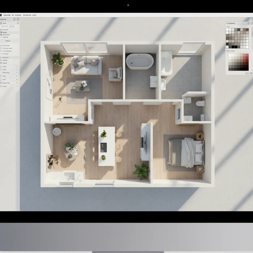 Pantalla mostrando un plano de casa en 3D con habitaciones amuebladas