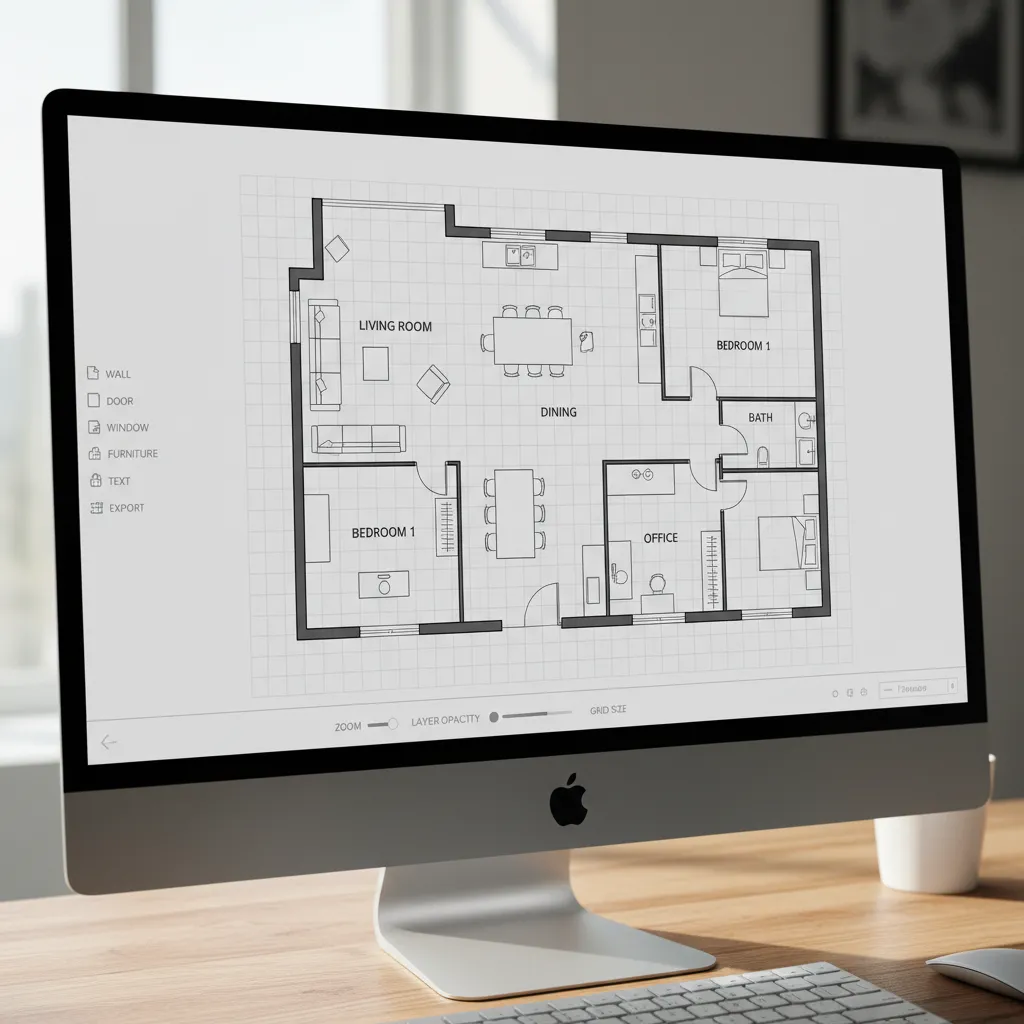 Plano digital de una casa con habitaciones y medidas en un programa de diseño