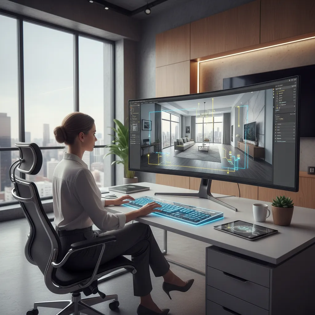 Diseñador utilizando software 3D para planificar una instalación eléctrica
