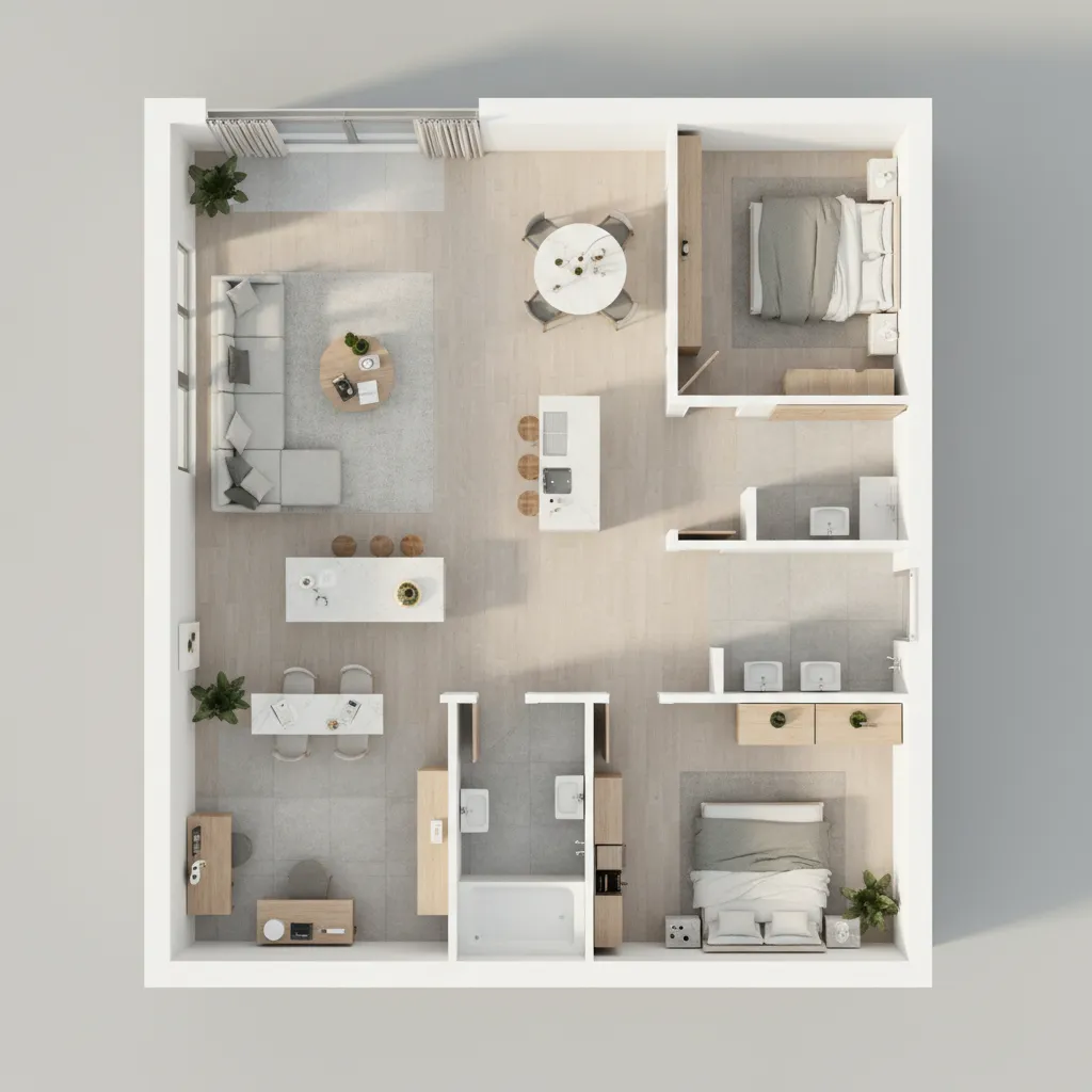 Plano digital de una vivienda con mobiliario en vista 3D