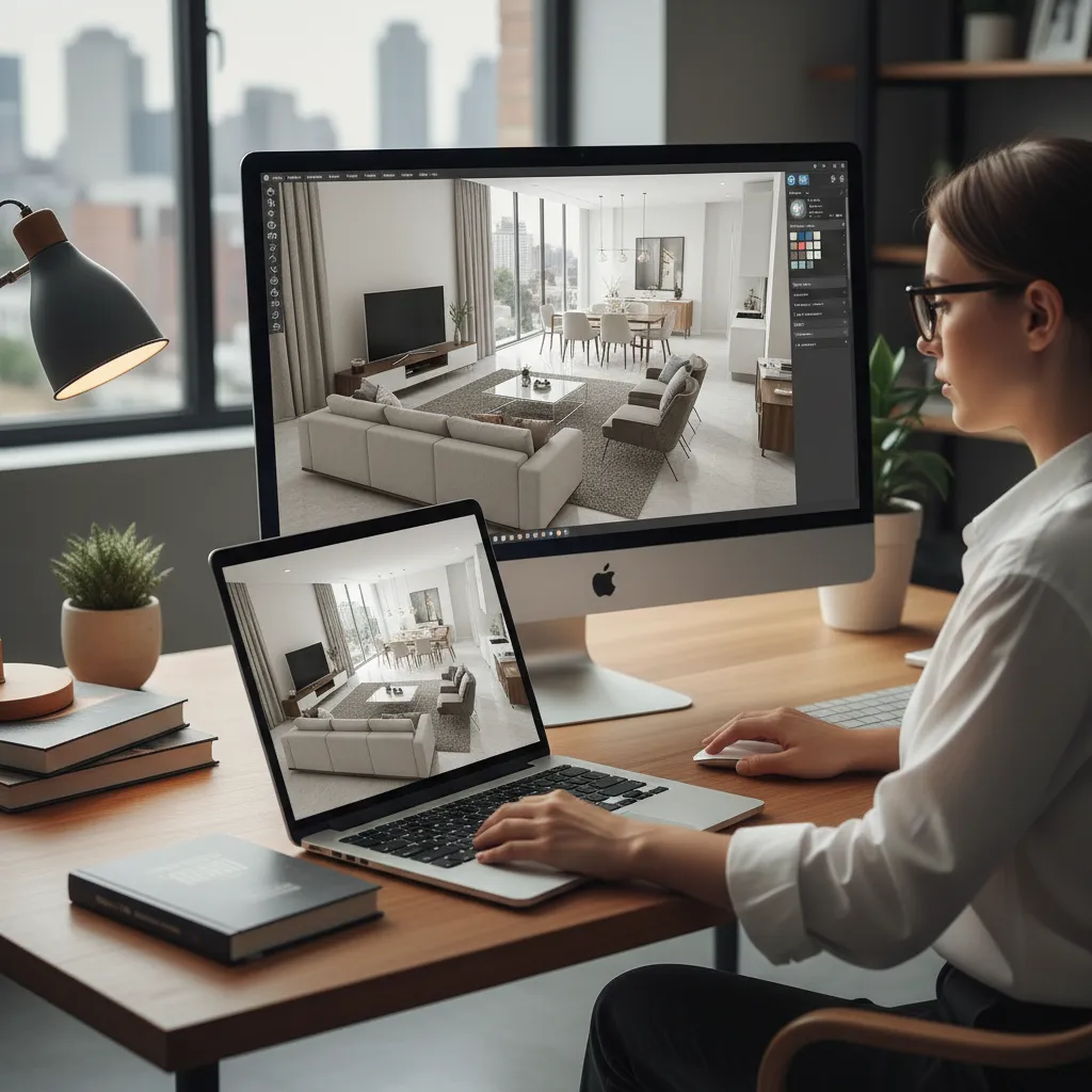 Pantalla mostrando planificación de espacios interiores en software 3D