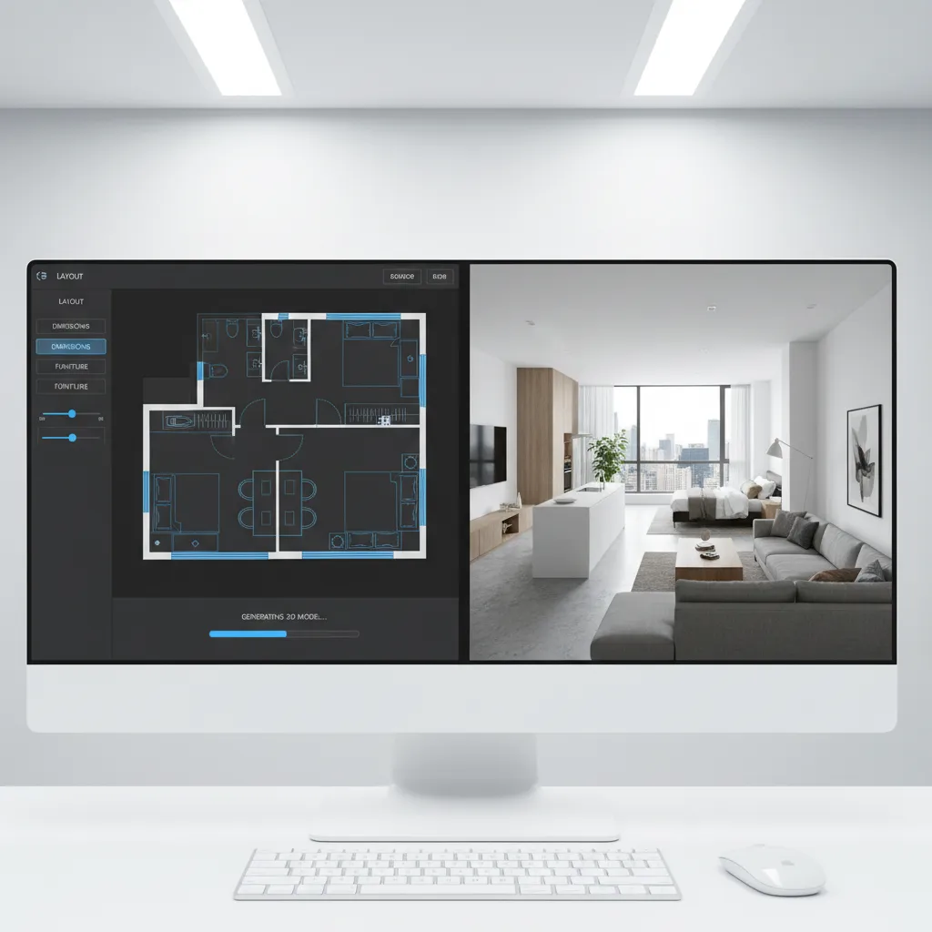 Interfaz de software mostrando plano 2D convertido en modelo 3D