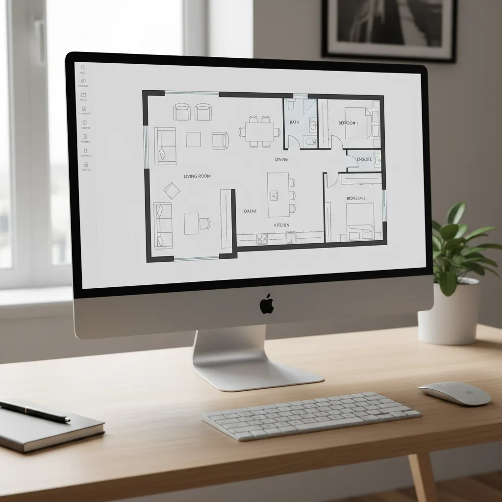 Desktop computer monitor showing a detailed black and white two bedroom house floor plan design