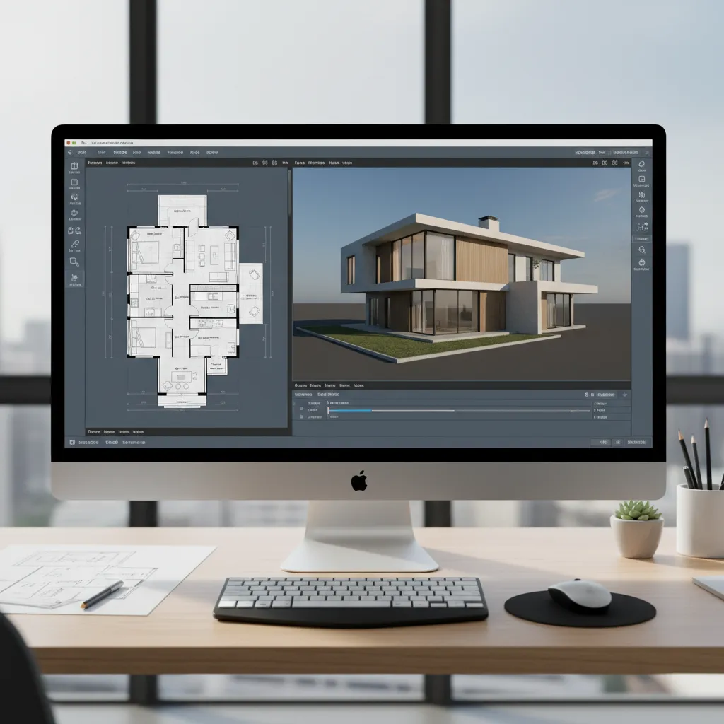 Interfaz de software mostrando plano de casa con vista 3D