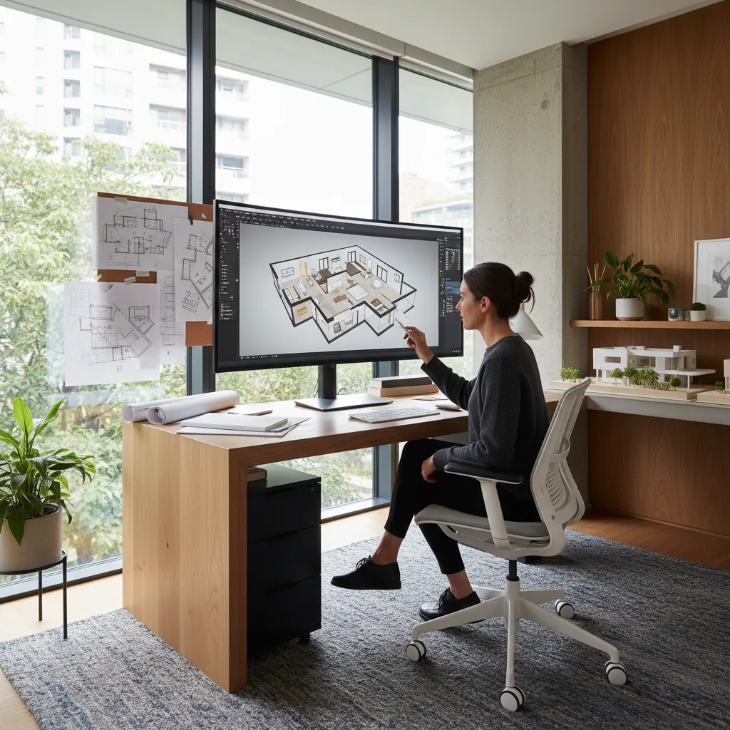 Designer sitting at wooden desk using a large monitor to create a 3D room layout