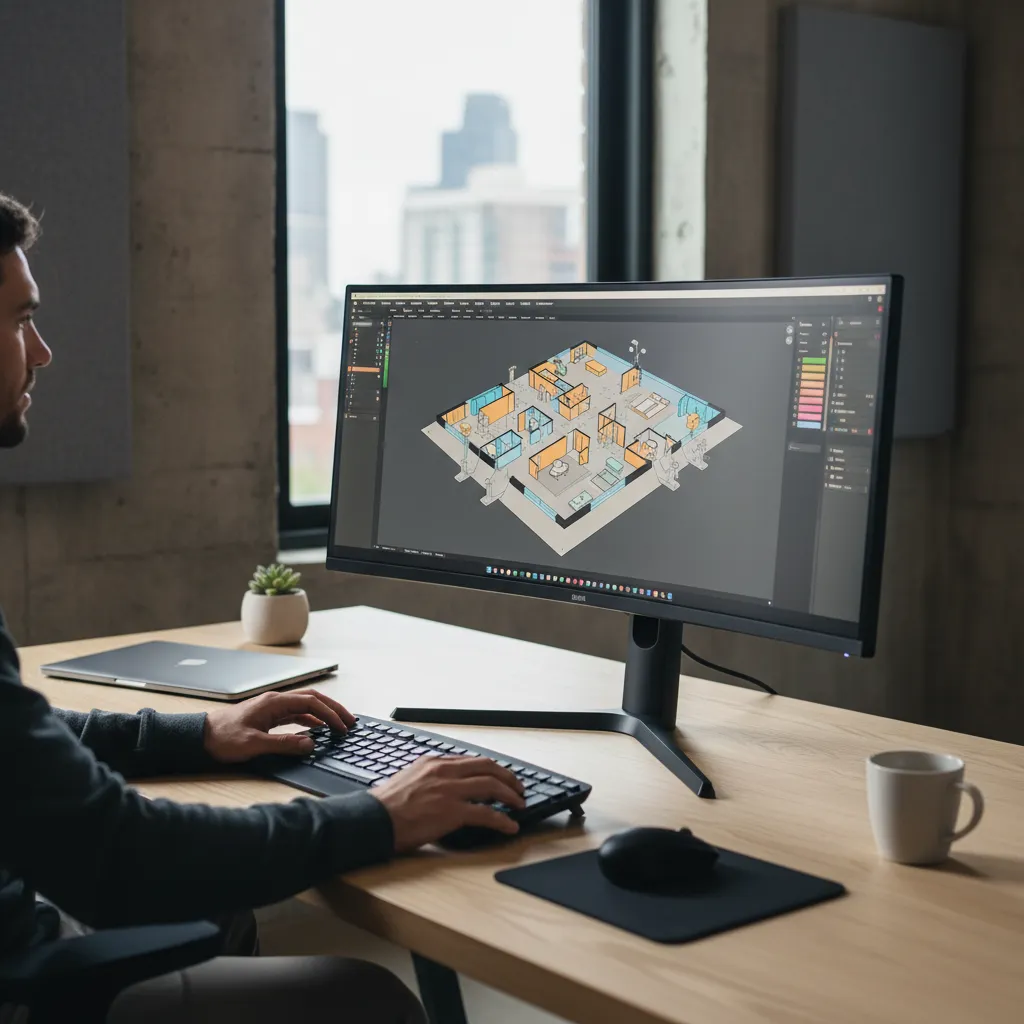 Diseñador creando un plano de planta digital en ordenador