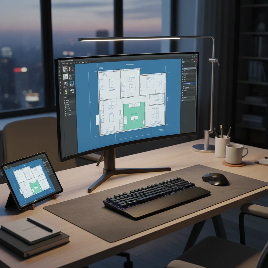 Computer monitor on a desk showing a 2D floor plan layout with keyboard and lamp