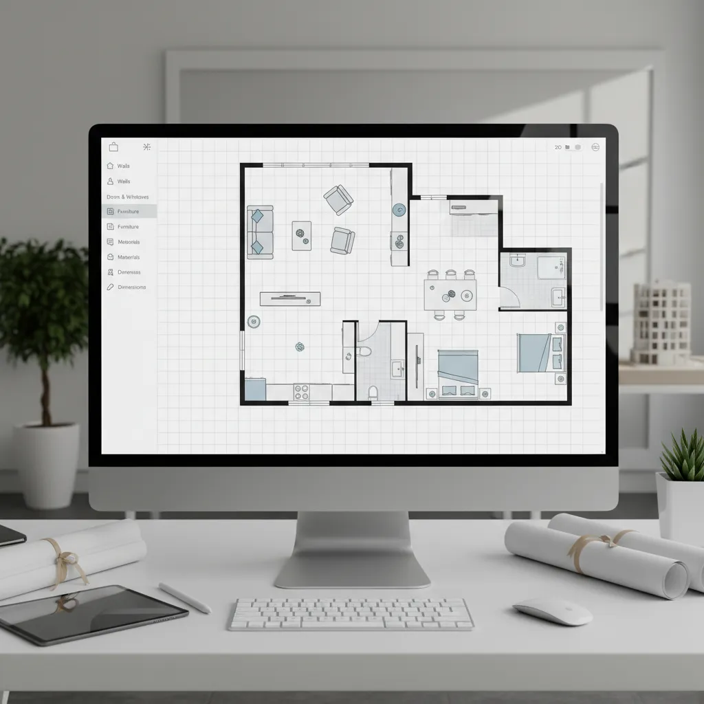 Pantalla mostrando un plano de vivienda con distribución de muebles en diseño digital