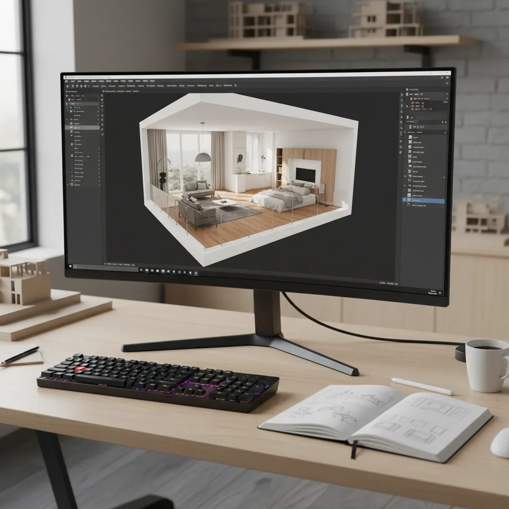 Pantalla mostrando plano de vivienda en software de diseño interior