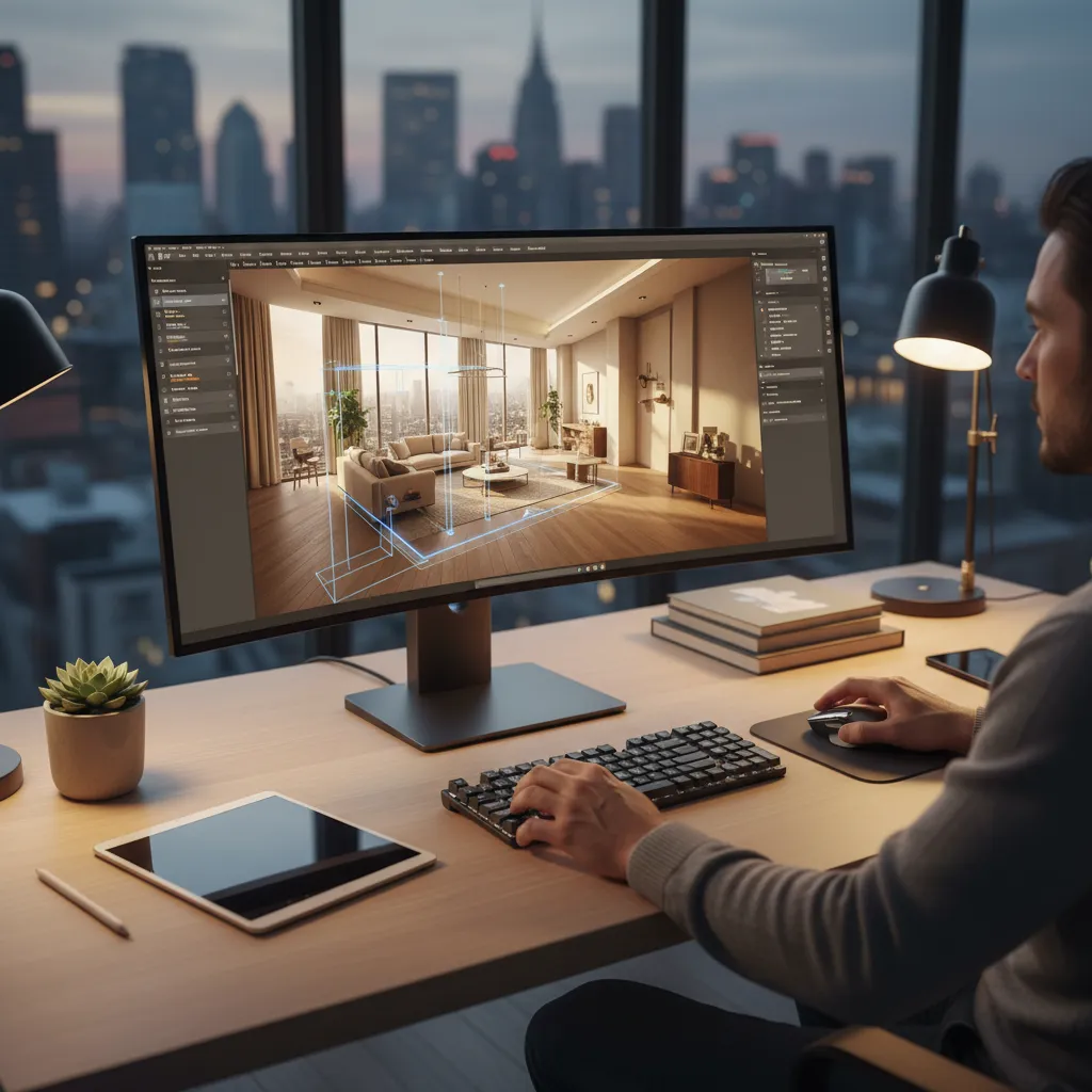 Pantalla de computadora mostrando un plano 3D de diseño interior