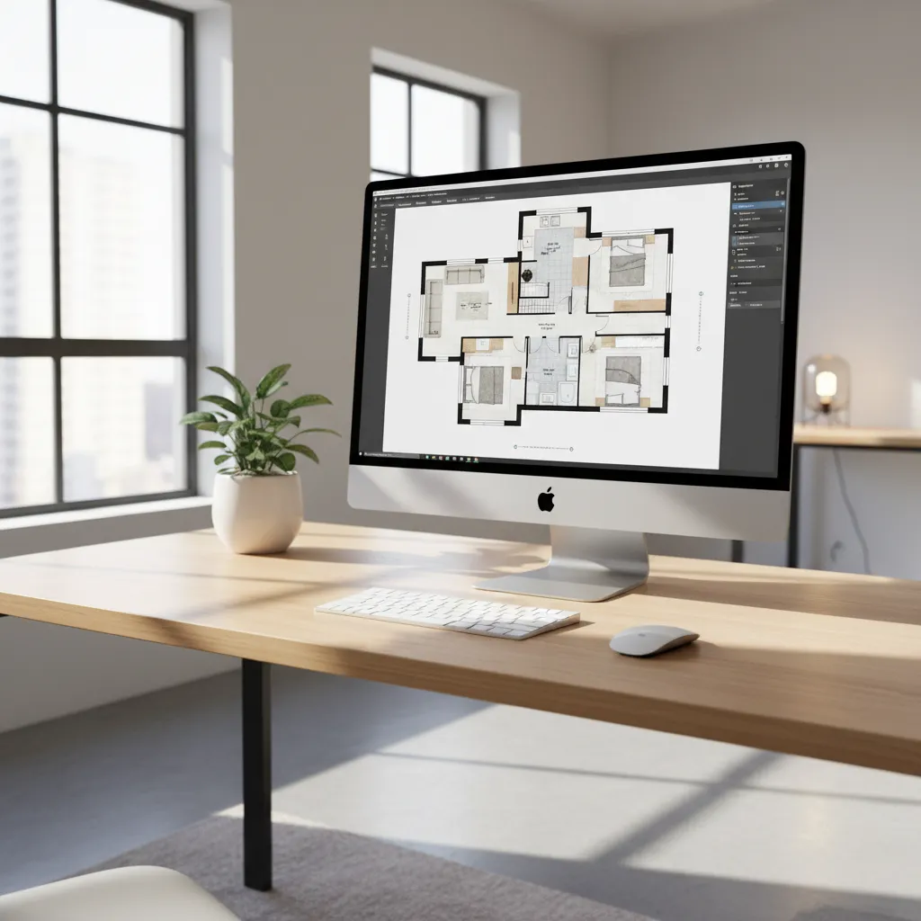 tela de computador mostrando criação de planta baixa de casa em software