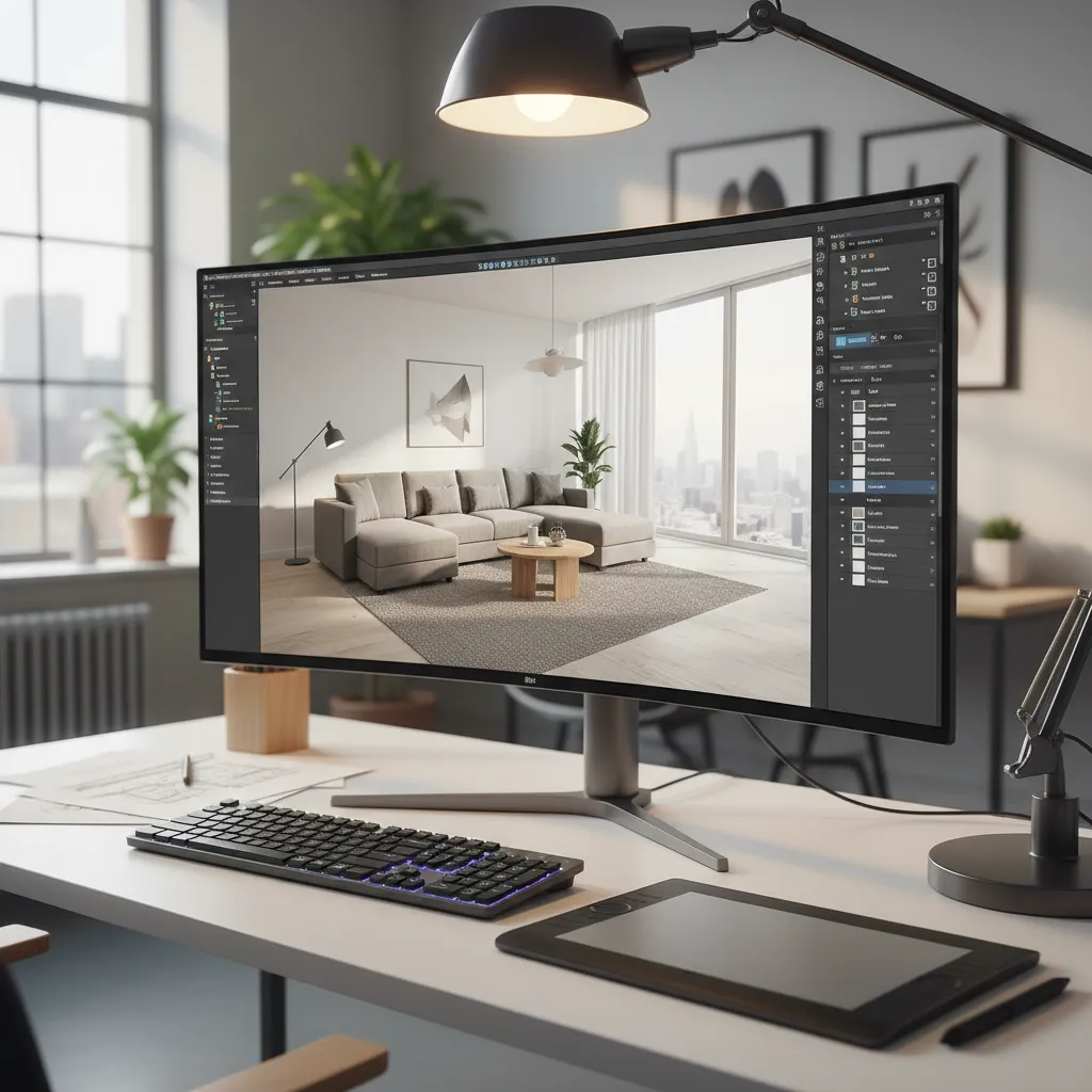 Software de diseño interior mostrando un render 3D en pantalla