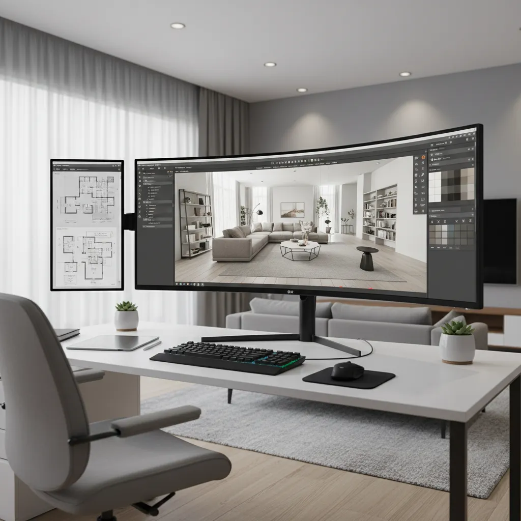 Interfaz de software de diseño interior con visualización 3D