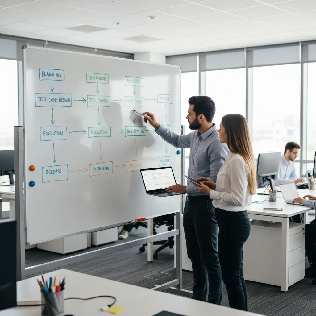 Diagrama de flujo de un proceso de pruebas de software con diferentes escenarios