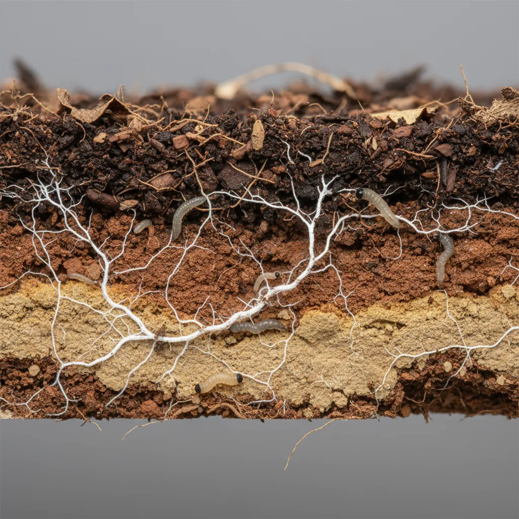 Illustration style photo showing insects and fungi commonly found in outdoor soil