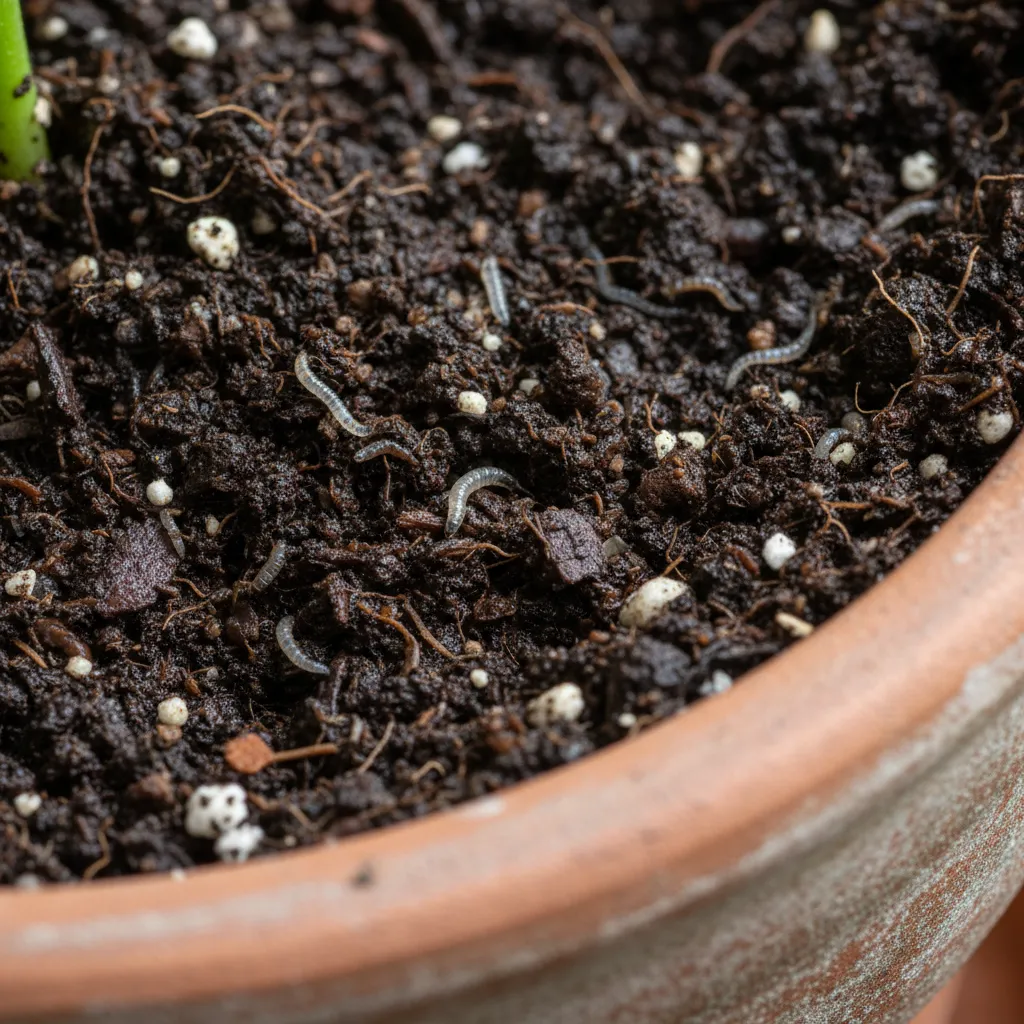 Close-up of houseplant soil showing larvae and small insects on the surface