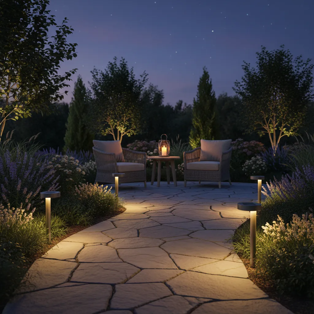 Outdoor garden pathway with solar path lights and lantern lighting near a patio